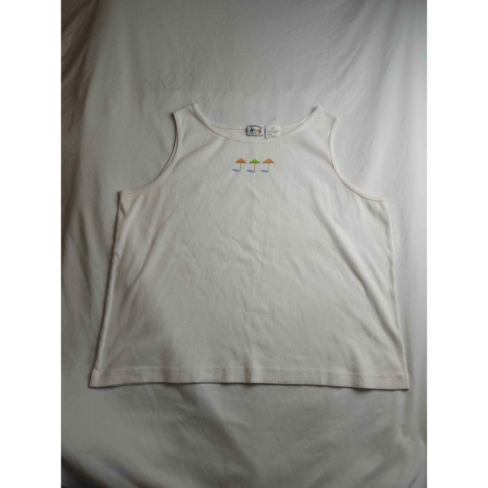 Vintage Weekend Clothes Line White Ribbed Tank Top Beach Umbrella Embroidered 1X